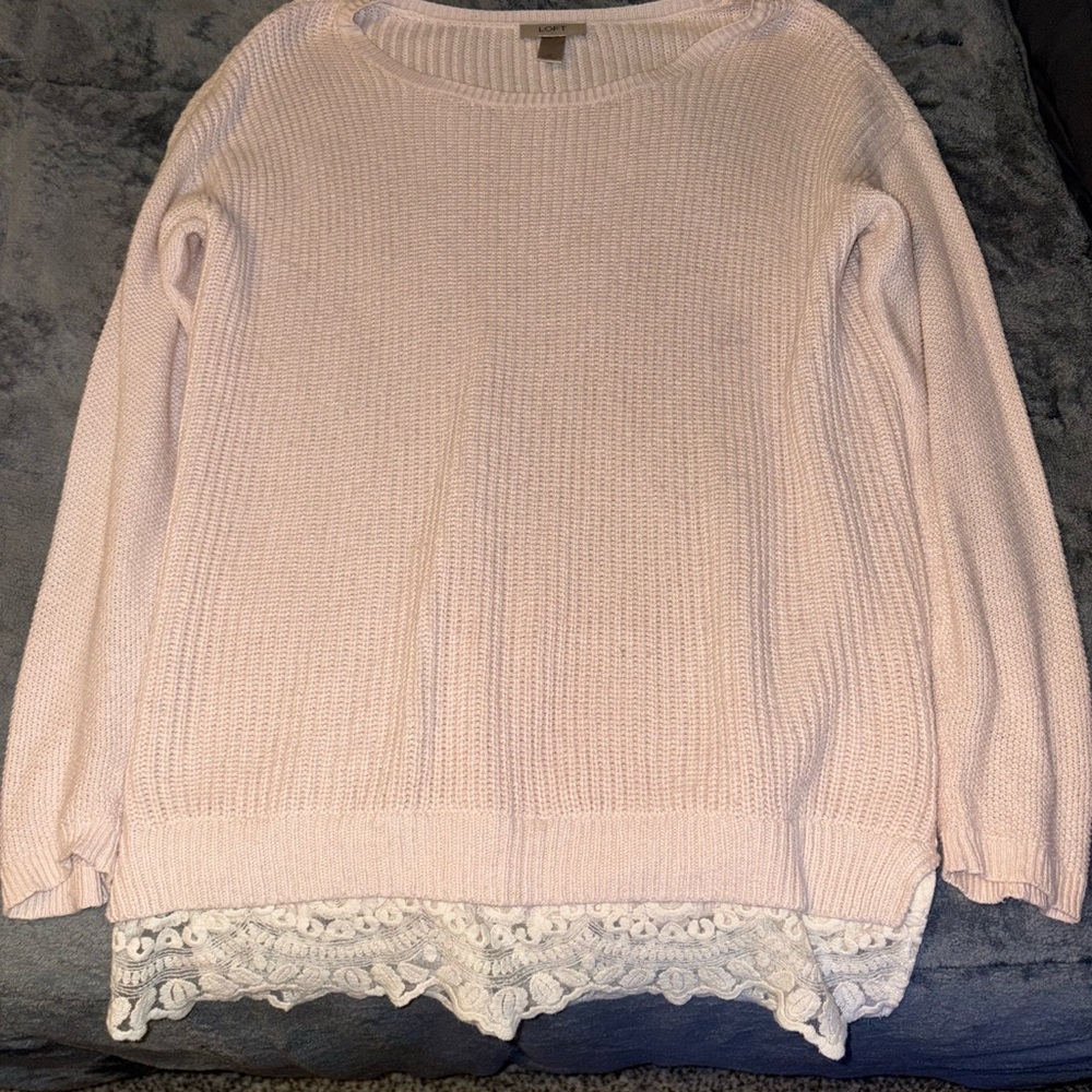 LOFT Women's Pink Sweater with Lace Hem